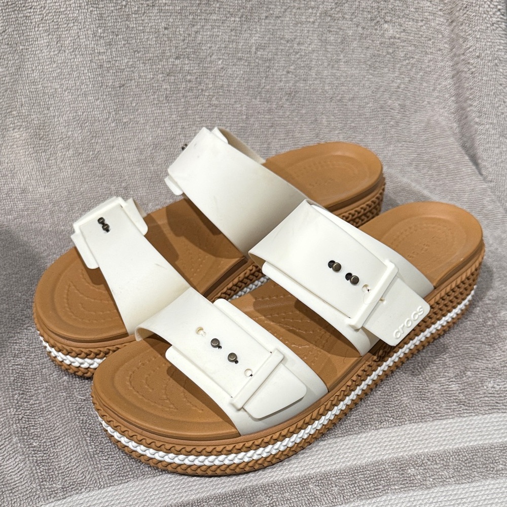 CROCS Women's White and Tan Platform Sandals